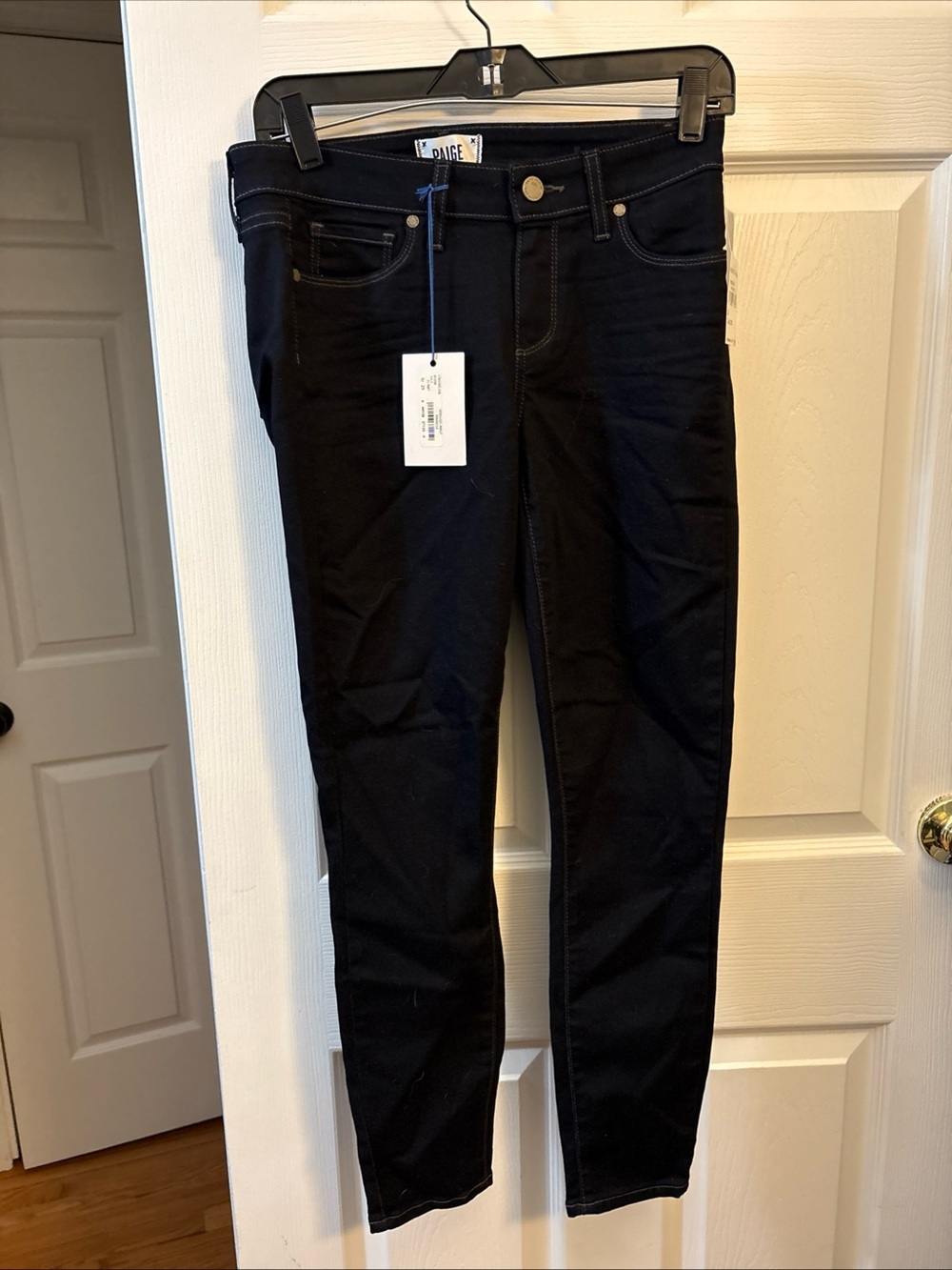 PAIGE Dark Navy Skinny Jeans with Leather Logo Patch